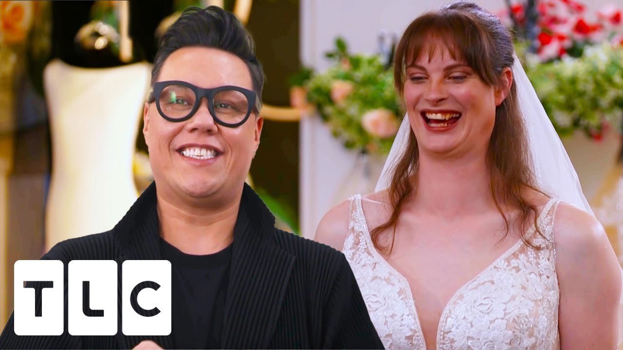 Natasha trying on a wedding dress on I Love a Mama's Boy