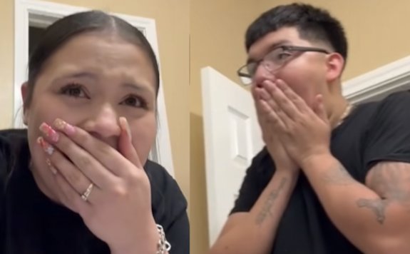 Myrka Cantu and Juan Castillo reacting emotionally to pregnancy news