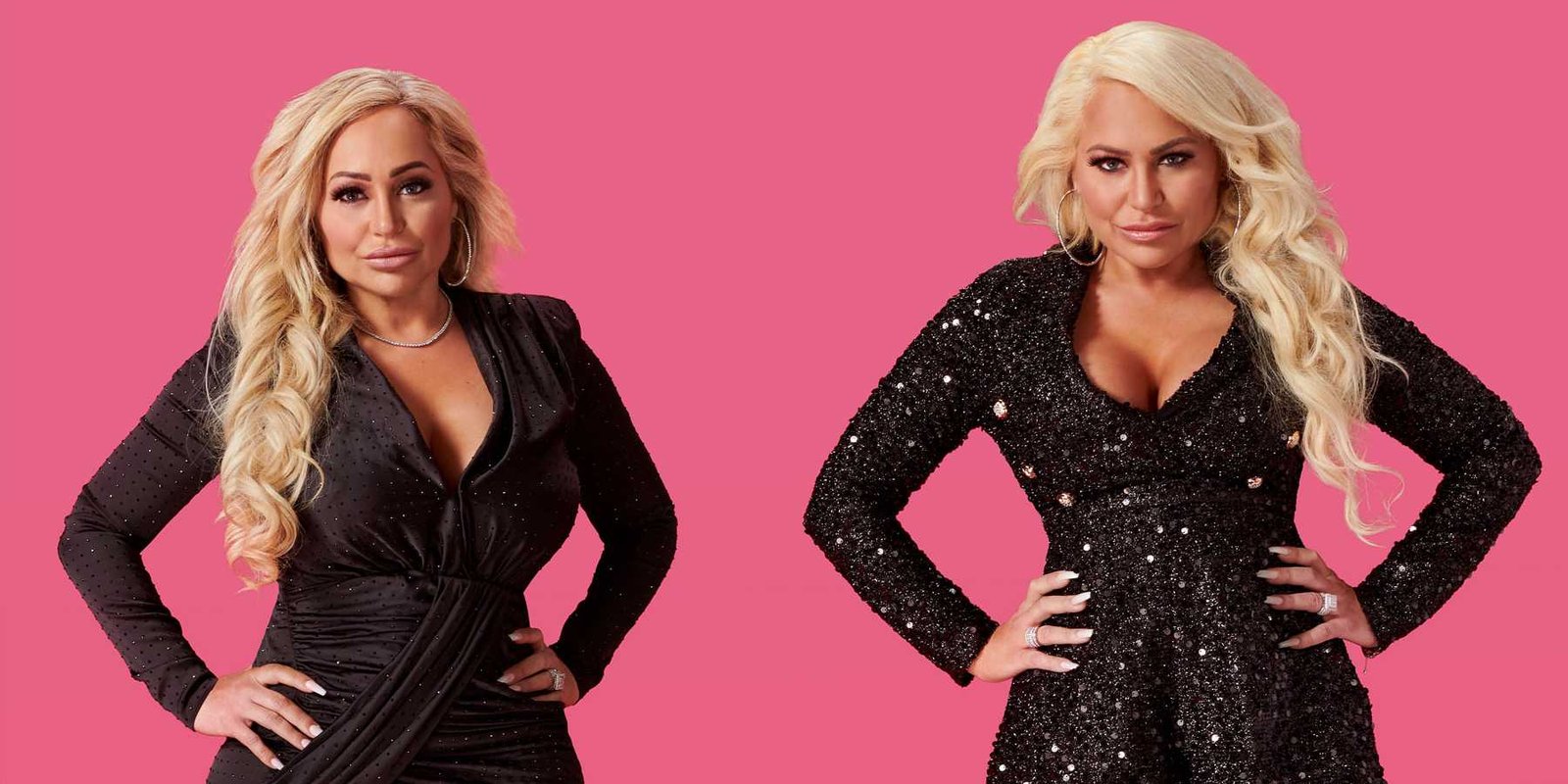 Darcey and Stacey Silva posing in black dresses against a pink background