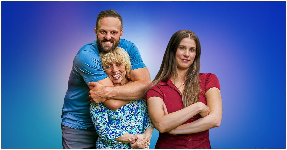 Josh hugs Tina while Janelle stands beside them with crossed arms on I Love a Mama's Boy