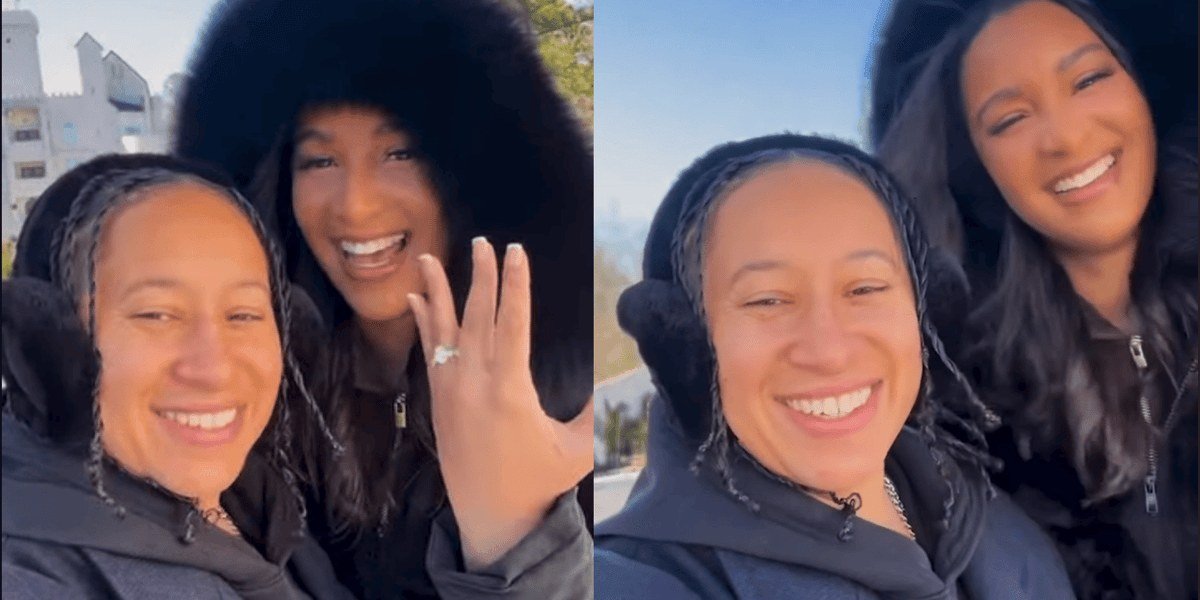 Chantel Everett showing off her engagement ring with Ashley Bowen at the castle proposal
