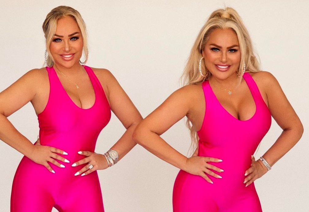 Darcey and Stacey Silva in matching pink bodysuits