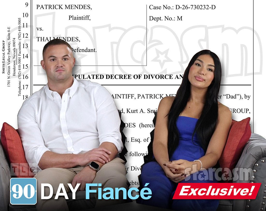 Patrick Mendes and Thais Mendes seated in front of their stipulated decree of divorce document