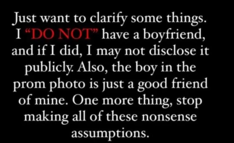 Screenshot of Emma Johnston's social media statement denying she has a boyfriend