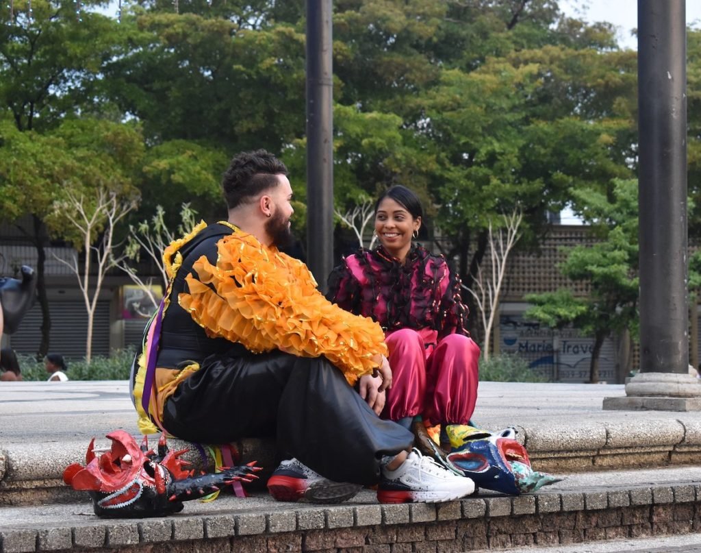 Nicole Jimeno and Alejandro Padron in carnival costumes in the Dominican Republic