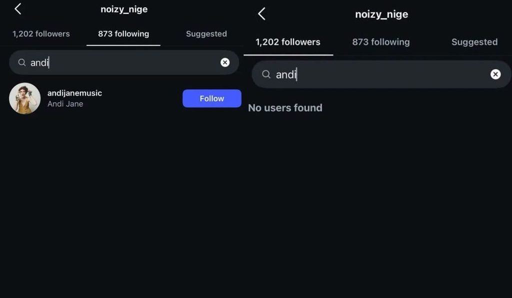 Screenshot showing Andi Jane no longer follows Nigel on Instagram