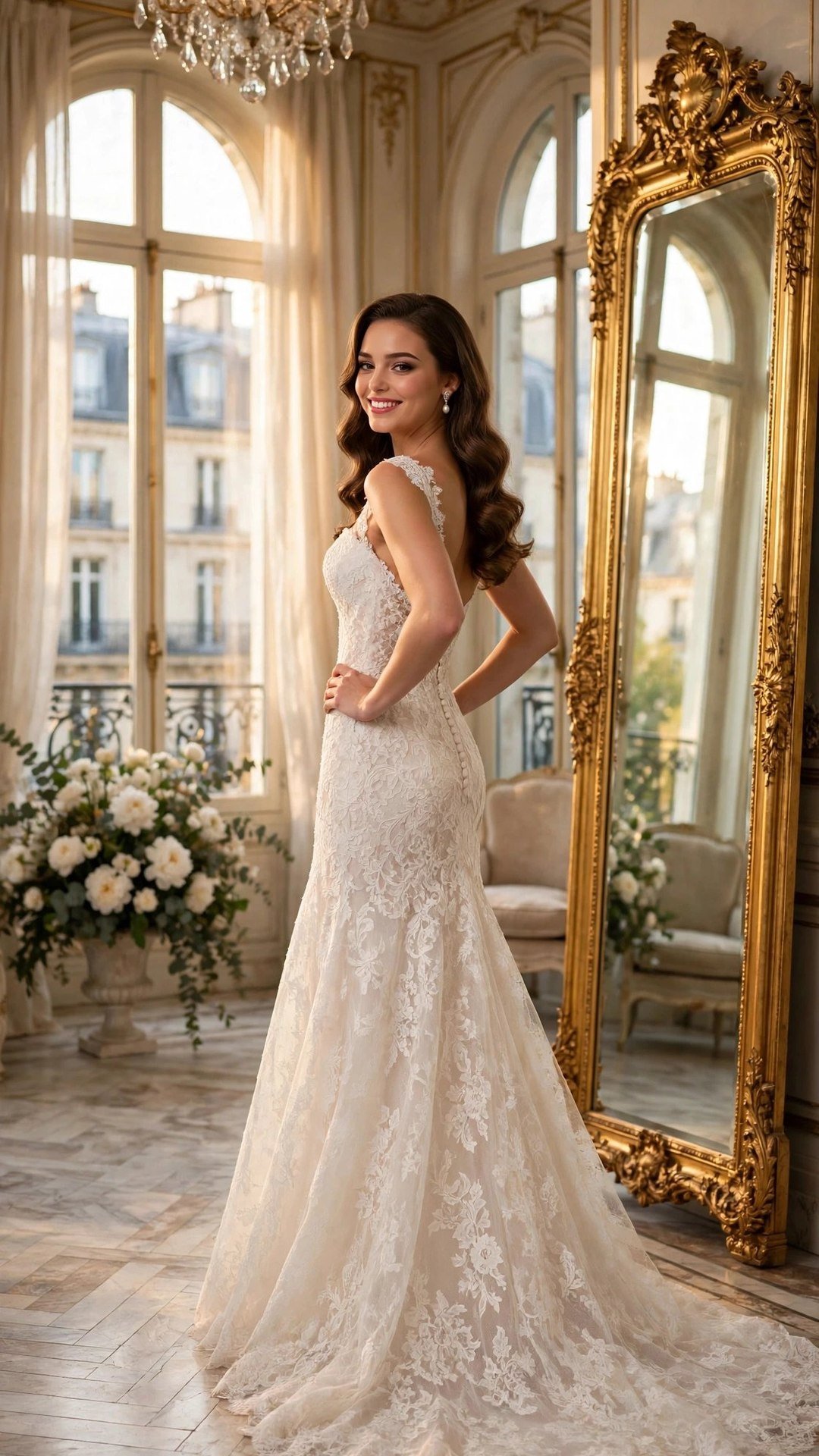 Clara Belle in a sweetheart fit-and-flare wedding gown with wide lace straps, looking over her shoulder beside a gold mirror