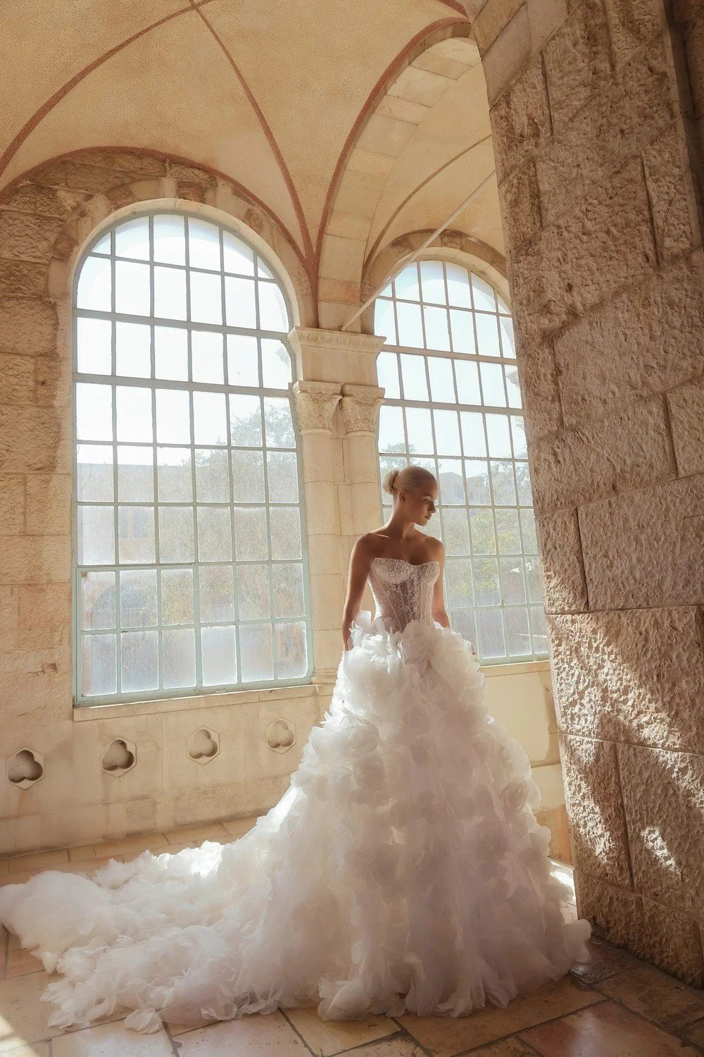 Pnina Tornai 3D floral ball gown with dramatic train at Kleinfeld