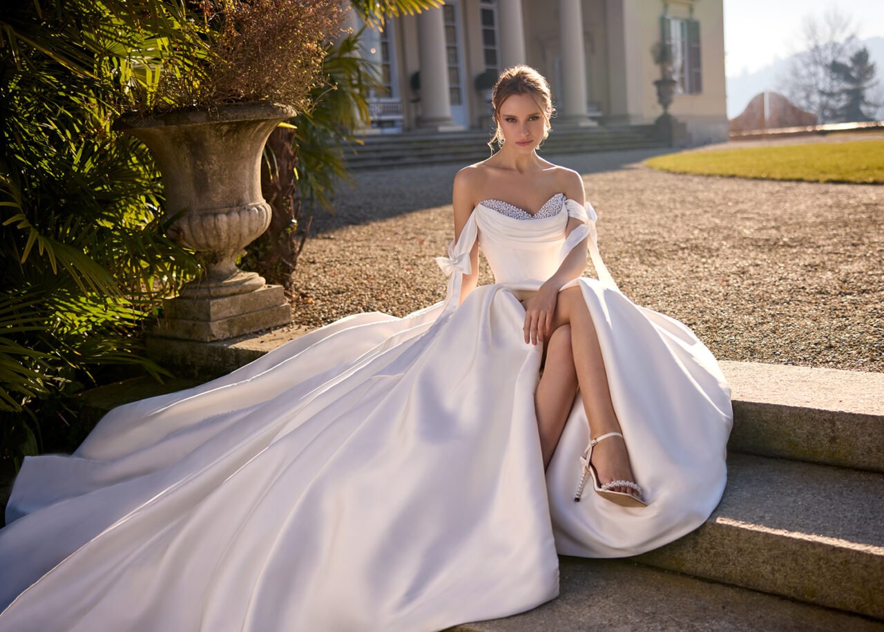 Randy Fenoli Bridal off-the-shoulder satin ball gown, Je T'aime Collection